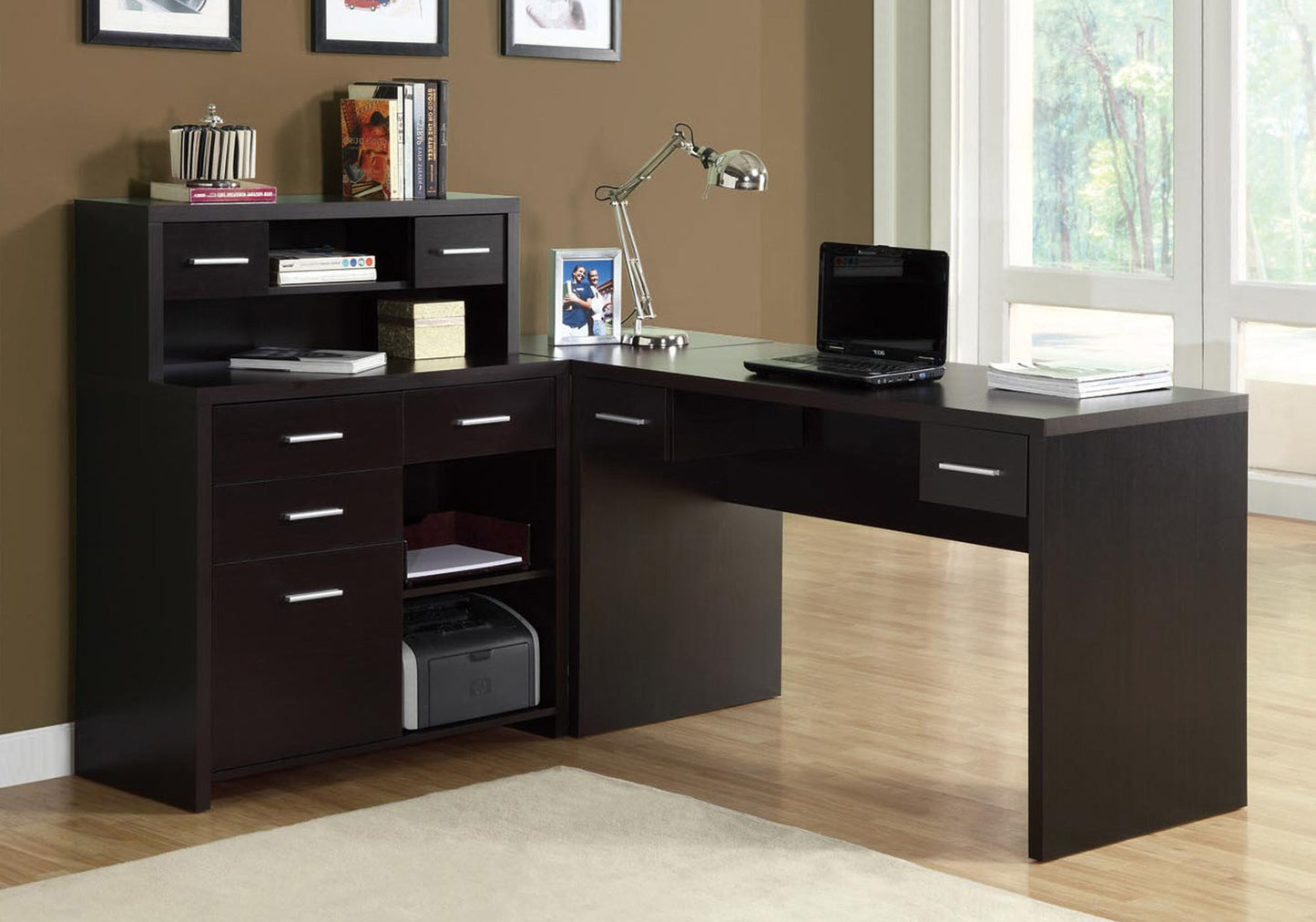 59" Brown L-Shape Computer Desk With 8 Drawers-1