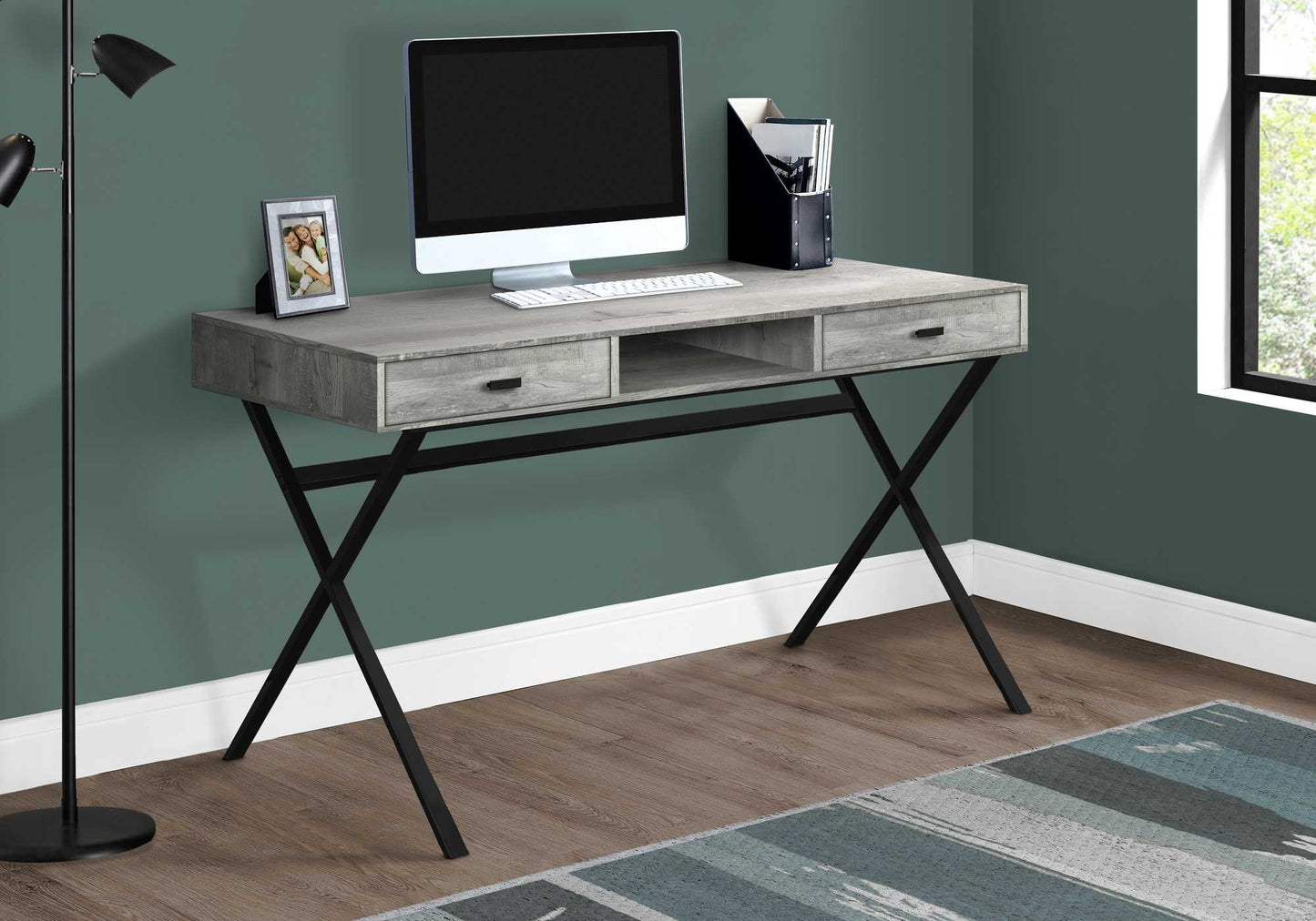 48" Grey Reclaimed Wood Particle Board and Black Metal Computer Desk-0